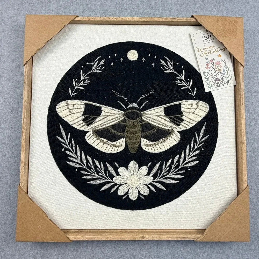 BP Home Woven Artistry Framed Embroidered Moth Wall Decor Black Cream 16.5in